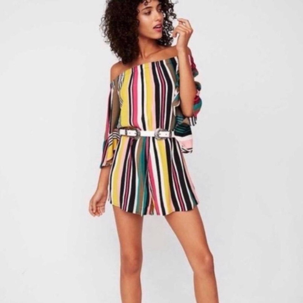 Express Colorful Striped Off-Shoulder Romper